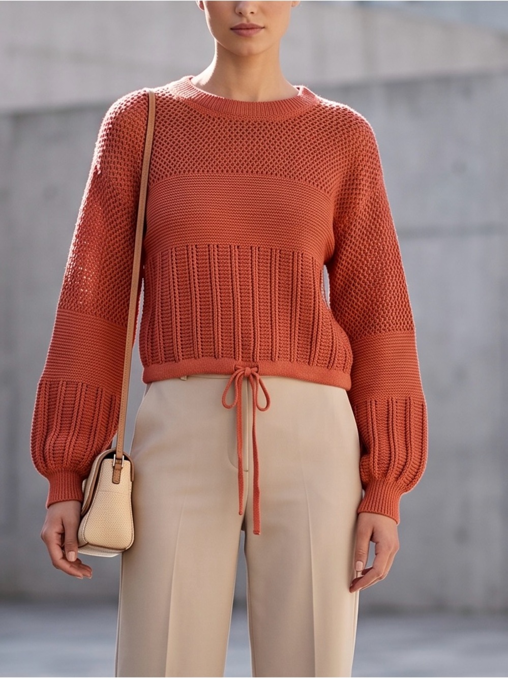 American Eagle Outfitters Burnt Orange Crewneck Sweater with Drawstring Hem